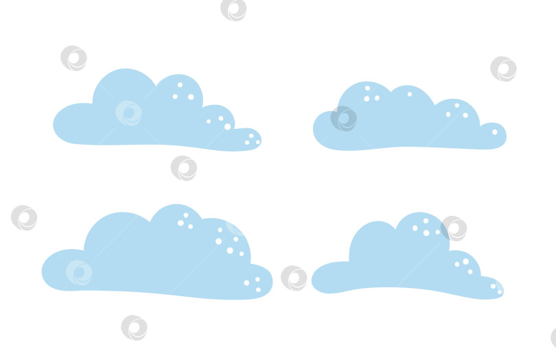 Скачать Векторный набор симпатичных голубых плоских облаков в стиле. Забавная мультяшная иллюстрация неба для детей. Веселые детские значки, выделенные на белом фоне. фотосток Ozero
