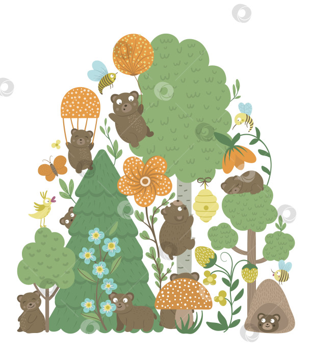 Скачать Векторный богато украшенный фон с милыми лесными животными, листьями, насекомыми, деревьями. Забавная лесная сценка с медведями. Яркая плоская вертикальная иллюстрация для детей. Книжка с картинками, игра в прятки для детей фотосток Ozero