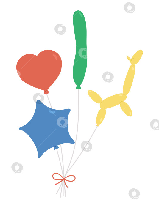 Скачать Векторная симпатичная связка воздушных шаров разной формы с бантом. Забавный подарок на день рождения для открытки, плаката, печатного дизайна. Яркая праздничная иллюстрация для детей. Значок веселого праздника, выделенный на белом фоне. фотосток Ozero