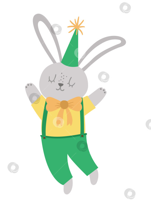 Скачать Векторный милый прыгающий кролик в шляпе на день рождения. Забавное животное на день рождения для открыток, плакатов, полиграфического дизайна. Яркая праздничная иллюстрация для детей. Значок веселого праздничного персонажа, выделенный на белом фоне. фотосток Ozero