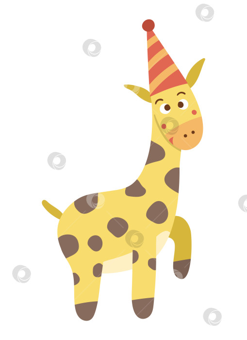 Скачать Векторный милый жираф в шляпе на день рождения. Забавное животное на день рождения для открыток, плакатов, полиграфического дизайна. Яркая праздничная иллюстрация для детей. Значок веселого праздничного персонажа, выделенный на белом фоне. фотосток Ozero