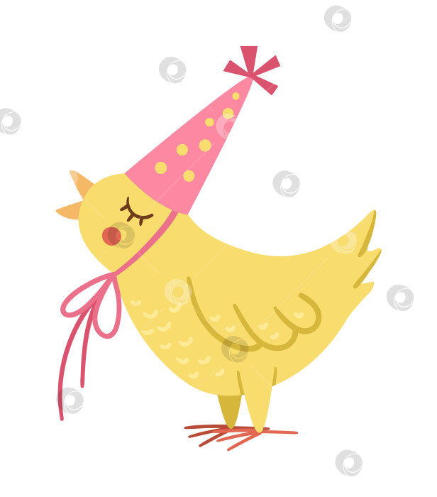 Скачать Векторный милый поющий цыпленок в шляпе на день рождения. Забавная птичка на день рождения для открыток, плакатов, полиграфического дизайна. Яркая праздничная иллюстрация для детей. Значок веселого праздничного персонажа, выделенный на белом фоне. фотосток Ozero