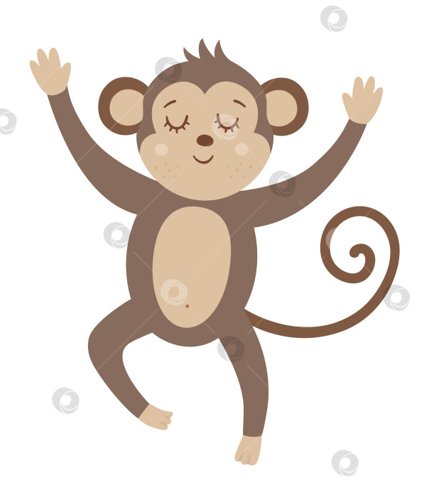Скачать Векторная симпатичная прыгающая обезьяна с закрытыми глазами и поднятыми руками, изолированная на белом фоне. Забавная иллюстрация тропического животного. Яркая плоская картинка для детей. Летний клип в джунглях фотосток Ozero