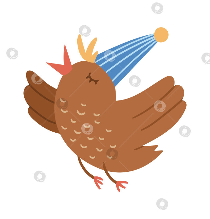 Скачать Векторная симпатичная летающая птица в шляпе на день рождения. Забавное животное на день рождения для открыток, плакатов, полиграфического дизайна. Яркая праздничная иллюстрация для детей. Значок веселого праздничного персонажа, выделенный на белом фоне. фотосток Ozero