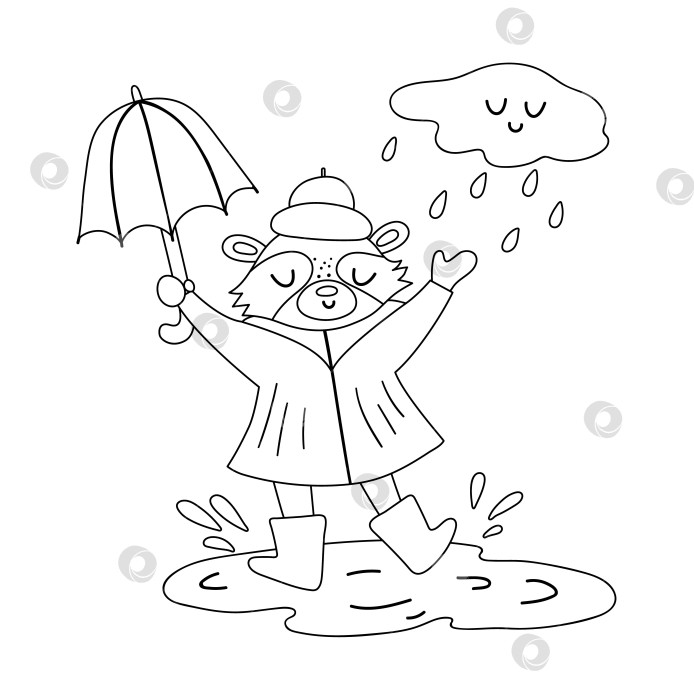 Скачать Милый черно-белый енот прыгает под дождем с зонтиком. Векторная линия искусства осеннего персонажа, изолированного на белом фоне. Осенний сезон набросков значка лесного животного Забавная лесная иллюстрация. фотосток Ozero