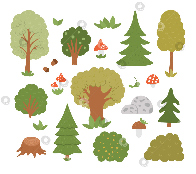 Скачать Векторный набор лесных деревьев, растений, кустарников, зарослей, грибов, изолированных на белом фоне. Плоская иллюстрация осеннего леса. Коллекция иконок естественной зелени фотосток Ozero