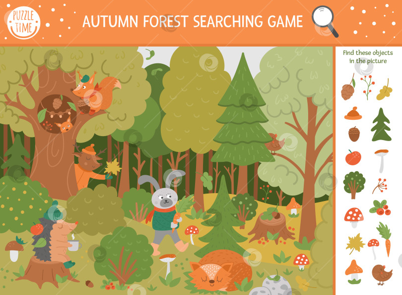 Скачать Векторная осенняя поисковая игра с милыми лесными животными. Находите спрятанные предметы в лесу. Простое веселое развивающее осеннее занятие для детей с грибами, ягодами, растениями, пригодное для печати фотосток Ozero