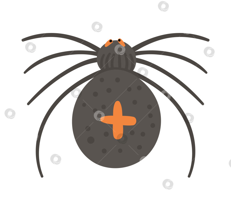 Скачать Векторный паук с оранжевым крестом на спине. Значок персонажа Хэллоуина. Симпатичная осенняя иллюстрация в канун дня всех святых со страшным черным насекомым. Дизайн вывески для вечеринки в честь Самайна для детей. фотосток Ozero