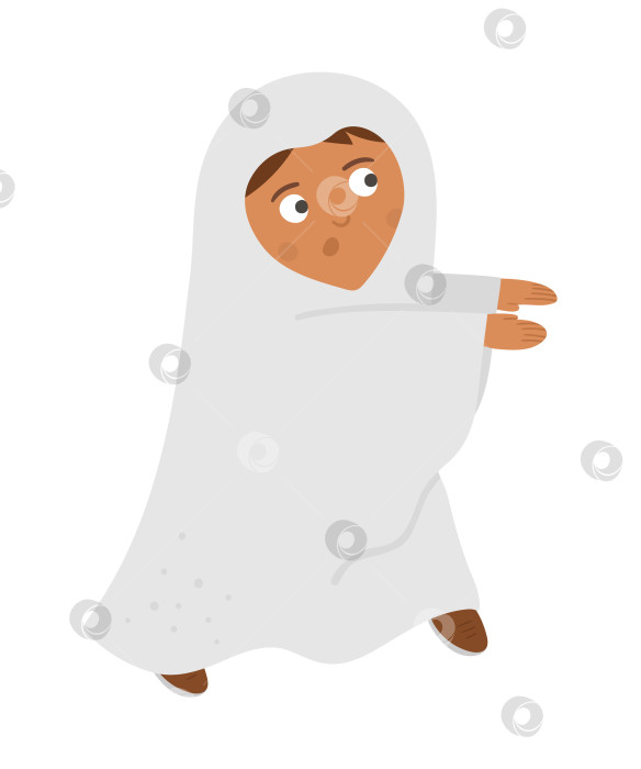 Скачать Мальчик, одетый как призрак. Симпатичный векторный персонаж для детей на Хэллоуин. Ребенок в костюме страшного монстра. Забавная осенняя иллюстрация в канун дня всех святых. Дизайн платья для вечеринки в честь Самайна. фотосток Ozero