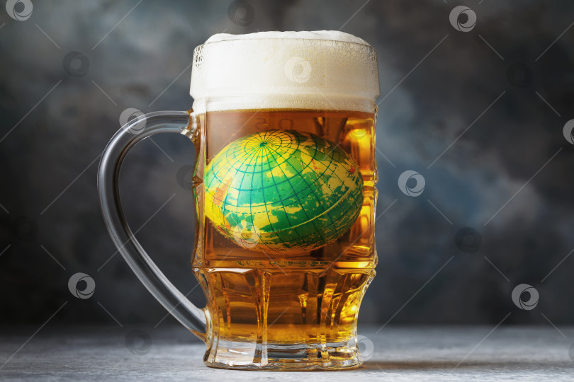Скачать Игрушечный глобус тонет в кружке пива, концепция алкоголизма во всем мире фотосток Ozero