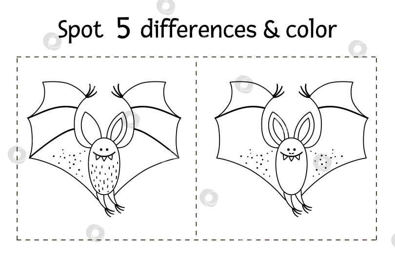 Скачать Хэллоуин черно-белая игра "Найди отличия" для детей. Осеннее образовательное мероприятие с забавной летучей мышью. Рабочий лист для печати или раскраска с улыбающимся животным. фотосток Ozero