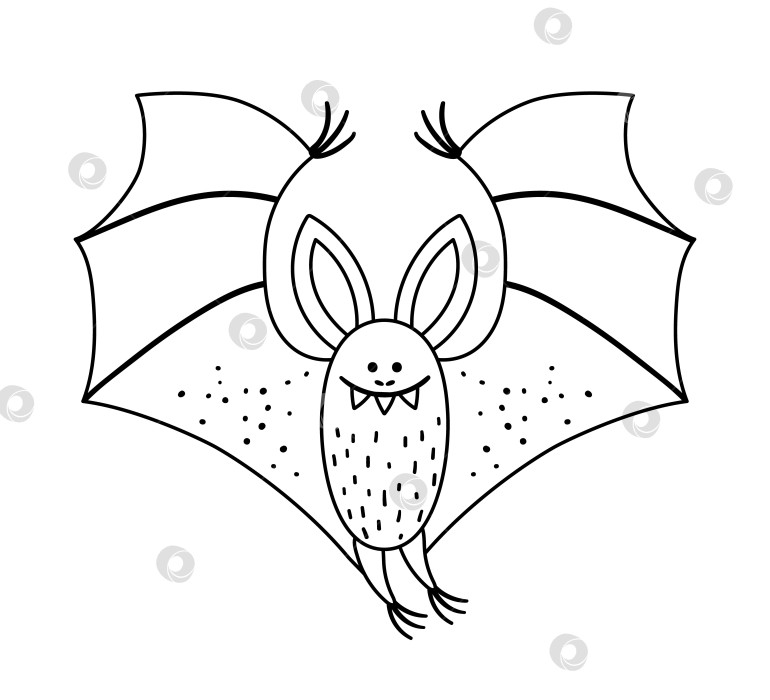 Скачать Симпатичная векторная черно-белая летучая мышь с расправленными крыльями. Значок персонажа Хэллоуина. Осенняя иллюстрация в канун дня всех святых с летающим животным. Раскраска для вечеринки в честь Самайна для детей. фотосток Ozero