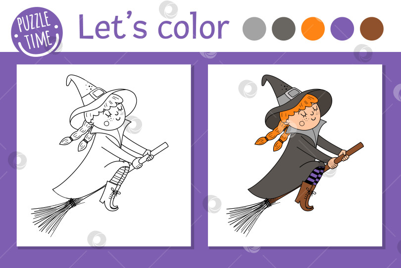 Скачать Раскраска на Хэллоуин для детей. Милая забавная ведьма, летающая на метле. Векторная иллюстрация контура осеннего праздника. Книжка-раскраска для вечеринки в стиле "Сделай сам или угощай" для детей с цветным примером фотосток Ozero