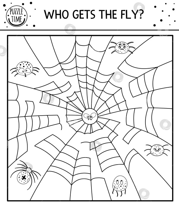 Скачать Черно-белый лабиринт на Хэллоуин для детей. Осеннее дошкольное образовательное мероприятие для печати. Забавная игра "День мертвых" или раскраска с пауками, паутиной, насекомыми. Кому достанется муха? фотосток Ozero