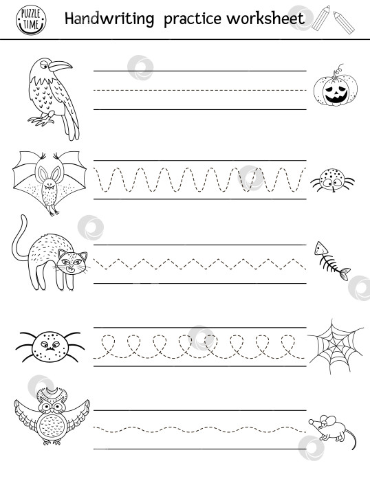 Скачать Векторный рабочий лист для практики рукописного ввода на Хэллоуин. Черно-белое занятие для детей дошкольного возраста, пригодное для печати. Обучающая игра для развития навыков письма со страшными животными фотосток Ozero