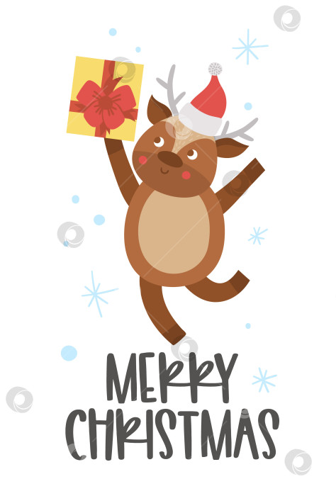 Скачать Векторный олень в красной шляпе с подарком и снежинками. Симпатичная иллюстрация зимнего животного. Забавный дизайн рождественской открытки. Новогодний принт с улыбающимся персонажем фотосток Ozero