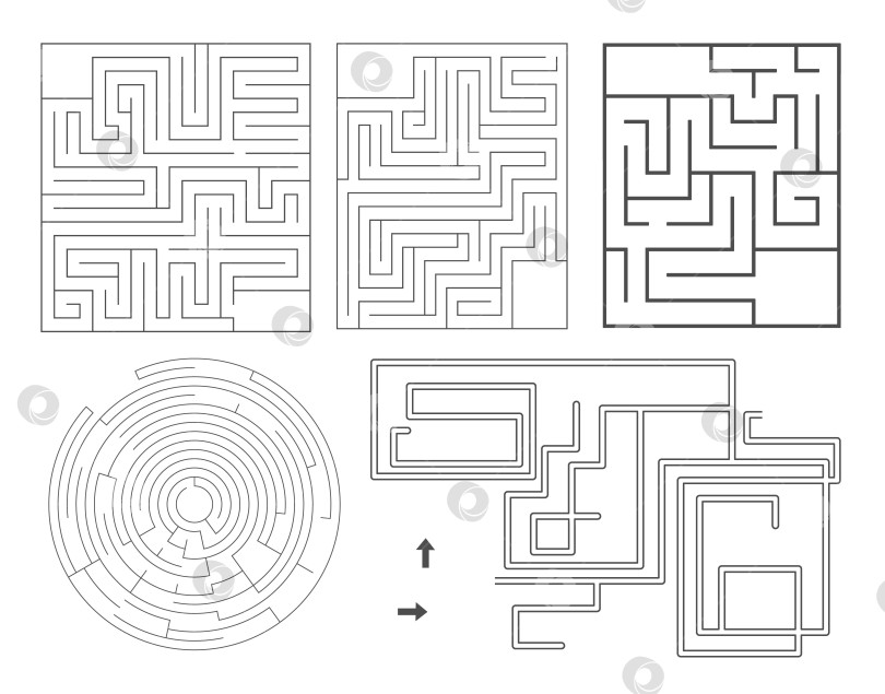 Скачать Векторный набор шаблонов лабиринтов. Пустая коллекция черно-белых лабиринтов, выделенных на белом фоне. Образцы образовательных мероприятий или игр для дошкольного возраста, пригодные для печати. фотосток Ozero