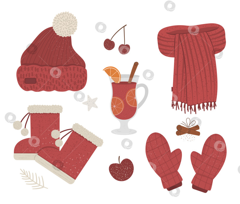Скачать Зимний комплект одежды красного цвета. Коллекция векторных предметов одежды для холодной погоды. Плоская иллюстрация вязаного теплого свитера, наушников, варежек, ботинок, горячего напитка и специй. фотосток Ozero