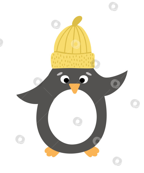 Скачать Векторный пингвин в желтой шляпе. Симпатичная иллюстрация зимней птицы. Забавный дизайн рождественской открытки. Новогодний принт с улыбающимся персонажем фотосток Ozero