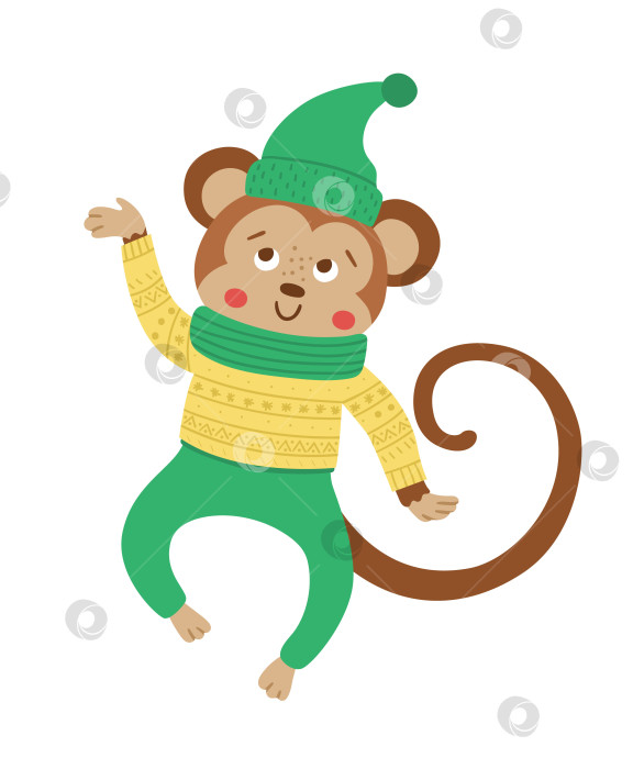 Скачать Векторная прыгающая обезьяна в шляпе, шарфе и свитере. Симпатичная иллюстрация зимнего животного. Забавный дизайн рождественской открытки. Новогодний принт с улыбающимся персонажем фотосток Ozero