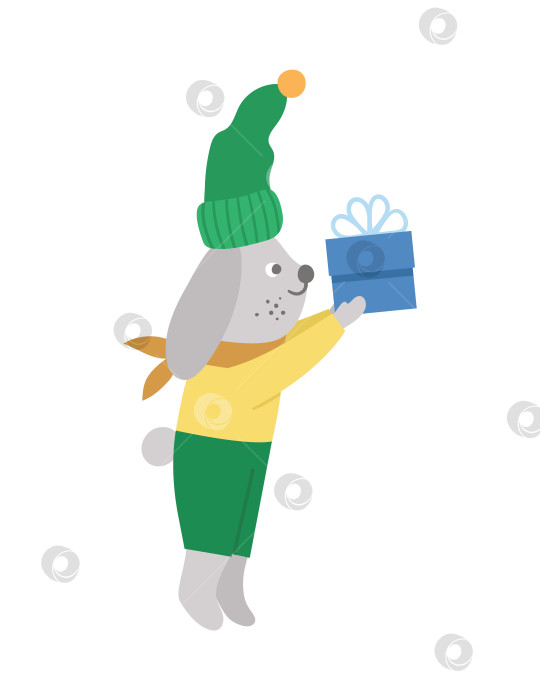 Скачать Векторный заяц в шляпе и свитере с подарком. Симпатичная иллюстрация зимнего животного. Забавный дизайн рождественской открытки. Новогодний принт с улыбающимся персонажем фотосток Ozero