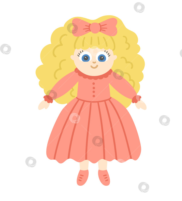 Скачать Векторная кукла, изолированная на белом фоне. Милая игрушечная девочка со светлыми волосами в розовом платье -иллюстрация для детей. Забавный улыбающийся персонаж для детей фотосток Ozero