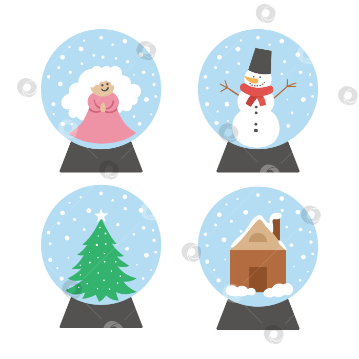 Скачать Векторный набор снежных шаров со снеговиком, ангелом, елкой, домом. Набор предметов новогоднего декора. Рождественская елочная игрушка, изолированная на белом фоне. Милые шарики для зимних праздников для праздничного оформления. фотосток Ozero