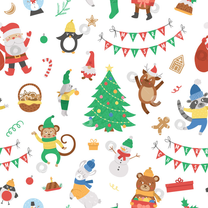 Скачать Векторный бесшовный узор с рождественскими элементами, Санта-Клаус в красной шляпе с мешком, олень, елка, подарки. Милый забавный новогодний повторяющийся фон в плоском стиле. фотосток Ozero