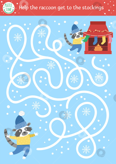 Скачать Рождественский лабиринт для детей. Зимнее новогоднее дошкольное образовательное мероприятие для печати. Забавная праздничная игра или головоломка с милым животным и дымоходом. Помоги еноту добраться до чулок фотосток Ozero