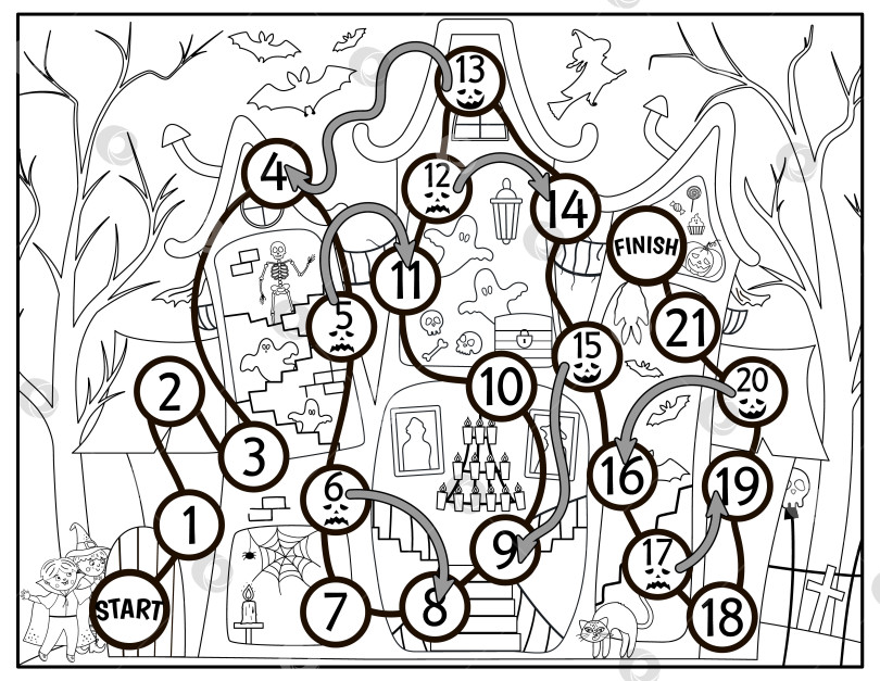 Скачать Черно-белая настольная игра на Хэллоуин для детей с домом с привидениями и милыми детьми. Обучающая линейная настольная игра с летучей мышью, скелетом, призраком. Помогите детям пройти через жуткий коттедж. фотосток Ozero