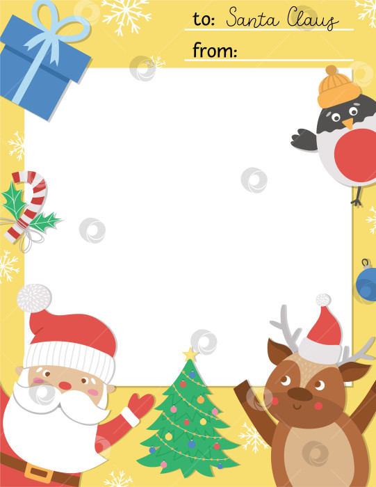 Скачать Векторный шаблон письма Санта-Клаусу. Симпатичный дизайн рождественской открытки. Зимний макет рамки для детей с забавными персонажами. Праздничный фон с местом для текста. фотосток Ozero