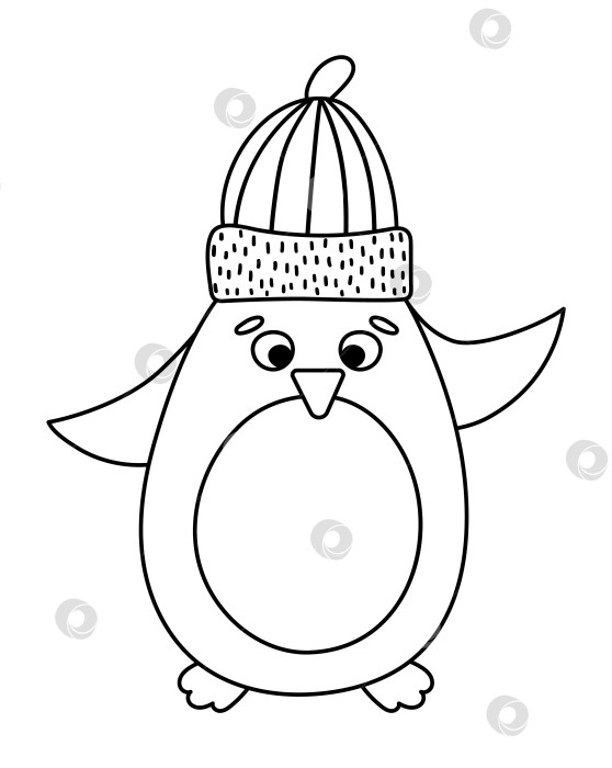 Скачать Векторный черно-белый пингвин в шляпе. Симпатичная иллюстрация зимней птицы. Забавный дизайн рождественской открытки. Значок новогодней линейки с улыбающимся персонажем фотосток Ozero