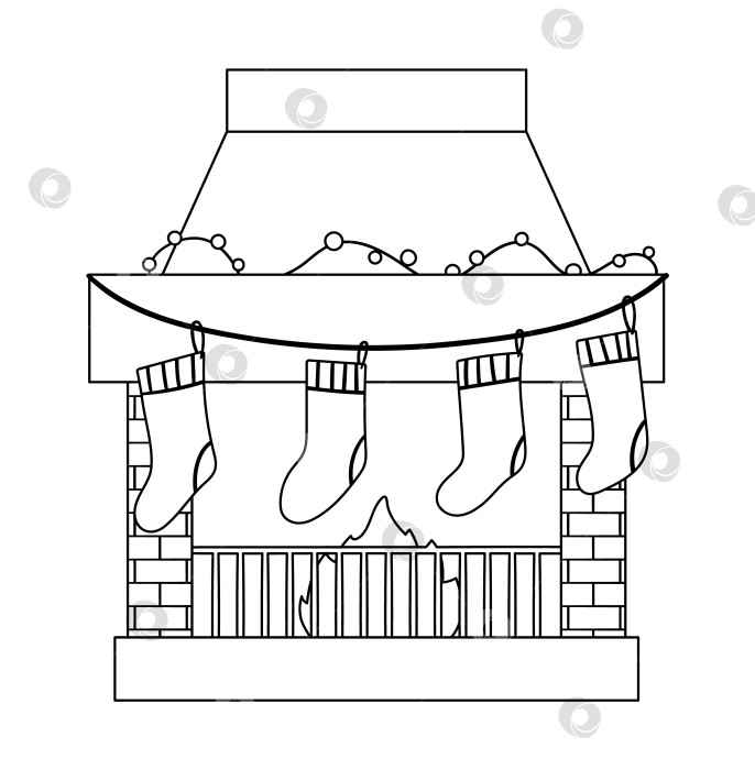 Скачать Симпатичный черно-белый дымоход с чулками. Рождественская иллюстрация камина с носками и подарками. Значок зимней линии. Новогодний принт или раскраска фотосток Ozero