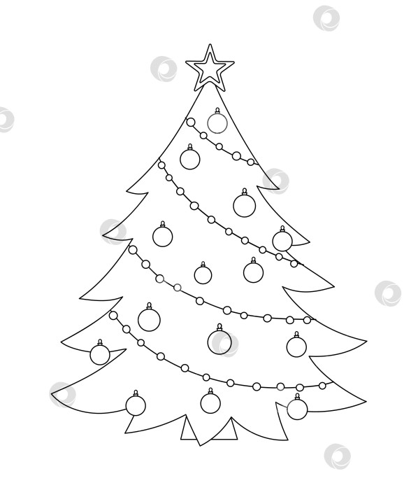 Скачать Векторная черно-белая украшенная рождественская елка, изолированная на белом фоне. Симпатичная забавная линейная иллюстрация символа нового года. Значок еловой линии или страница-раскраска. фотосток Ozero