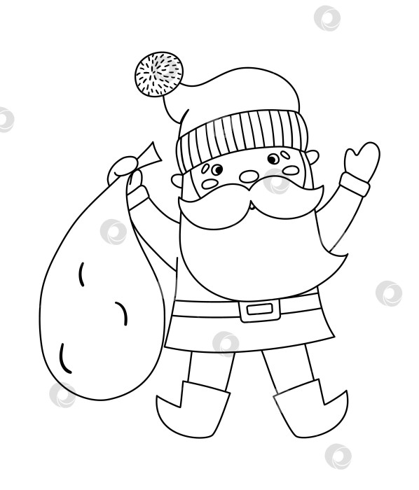 Скачать Векторный черно-белый Санта-Клаус с мешком. Симпатичная иллюстрация зимнего Деда Мороза, изолированная на белом фоне. Персонаж для рождественского, новогоднего или зимнего дизайна. Забавный значок линии фотосток Ozero