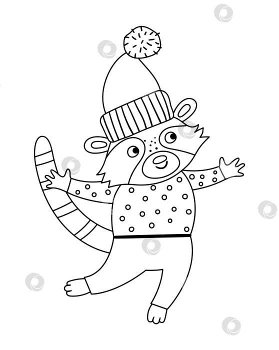 Скачать Векторный черно-белый енот в шляпе и свитере. Симпатичная иллюстрация зимнего животного. Забавный дизайн рождественской открытки. Значок новогодней линейки с улыбающимся персонажем фотосток Ozero