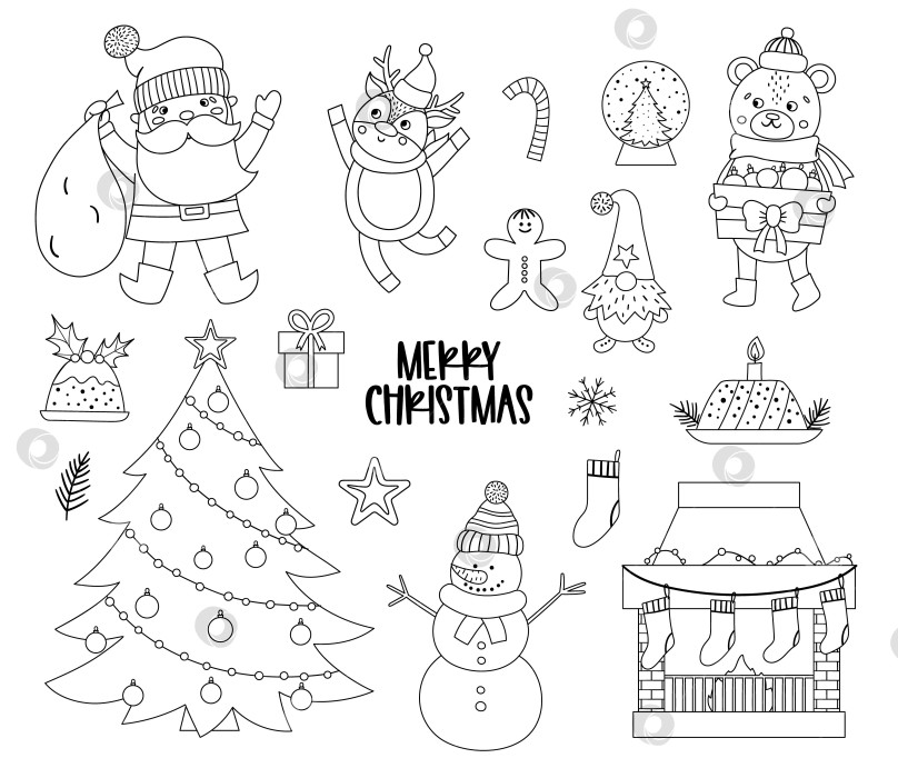 Скачать Векторный набор черно-белых рождественских элементов с Санта-Клаусом, оленем, елкой, подарками, изолированными на белом фоне. Милые забавные иллюстрации зимних иконок для украшения или новогоднего дизайна. фотосток Ozero
