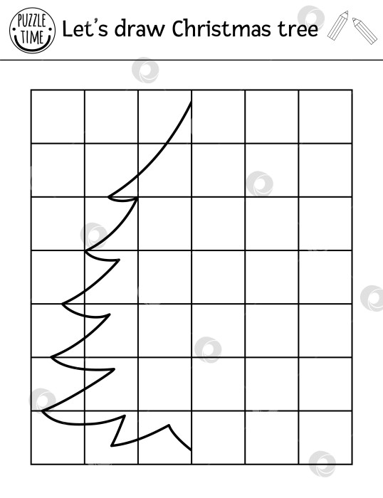 Скачать Завершите изображение ели. Рабочий лист для практики векторного рождественского рисования. Зимнее черно-белое занятие для детей дошкольного возраста с возможностью печати. Скопируйте игру для рисования для детей. фотосток Ozero