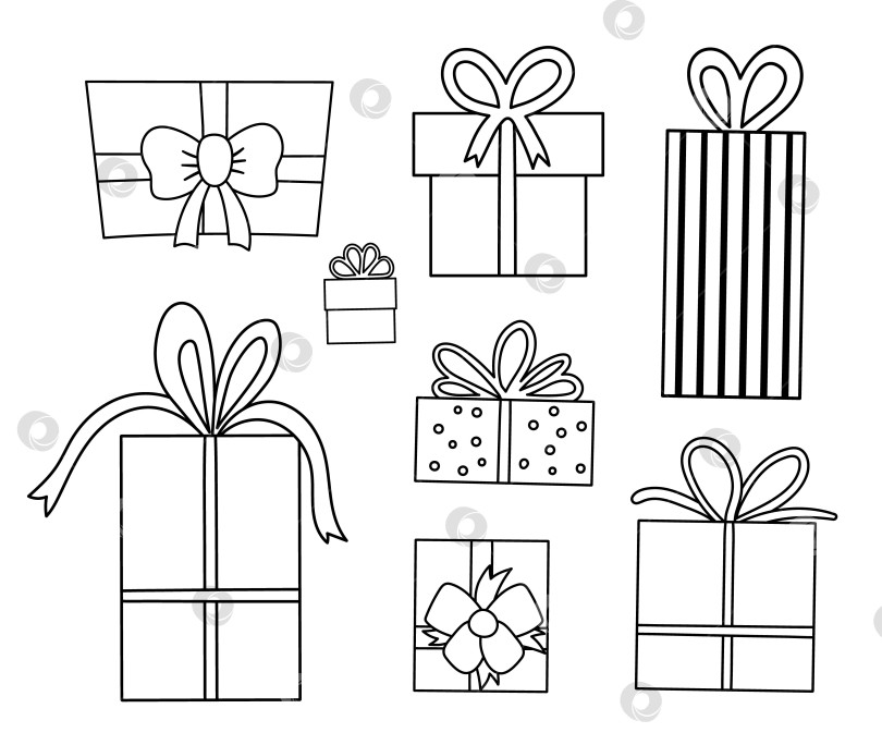 Скачать Векторный черно-белый набор милых подарков с бантиками. Забавная коллекция подарочных коробок на день рождения или Рождество. Яркая праздничная иллюстрация для детей. Веселая праздничная раскраска. фотосток Ozero