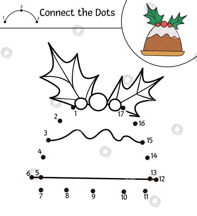 Скачать Векторная рождественская игра от точки к точке и раскрашивание с милым десертом. Зимние каникулы - игра "соедини точки" для детей с вишневым пудингом. Забавная раскраска для детей с традиционным символом Нового года. фотосток Ozero