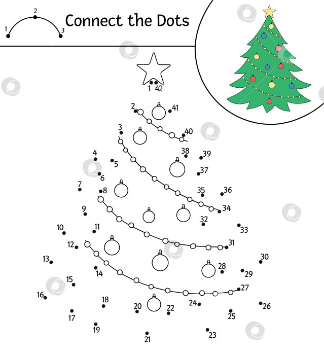 Скачать Векторная рождественская точечная и цветовая активность с милой елкой. Зимние каникулы - игра "соедини точки" для детей. Забавная раскраска для детей с традиционным символом Нового года. фотосток Ozero