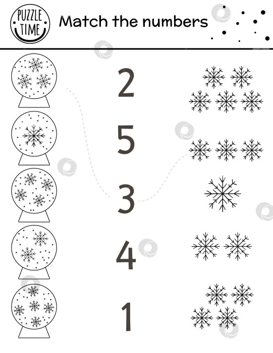 Скачать Рождественская черно-белая комбинационная игра со снежными шарами и снежинками. Зимнее занятие по математике для детей дошкольного возраста. Учебный новогодний лист для подсчета голосов или раскраска для печати фотосток Ozero