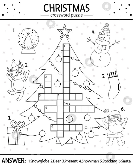 Скачать Векторный рождественский черно-белый кроссворд для детей. Простая викторина с предметами для зимних праздников для детей. Образовательное мероприятие или раскраска с традиционными новогодними элементами. фотосток Ozero