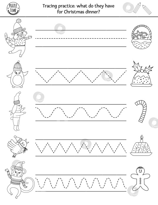 Скачать Векторный рождественский рабочий лист для практики рукописного ввода. Зимнее черно-белое занятие для детей дошкольного возраста с возможностью печати. Обучающая игра-трассировка для развития навыков письма с новогодними персонажами и едой фотосток Ozero