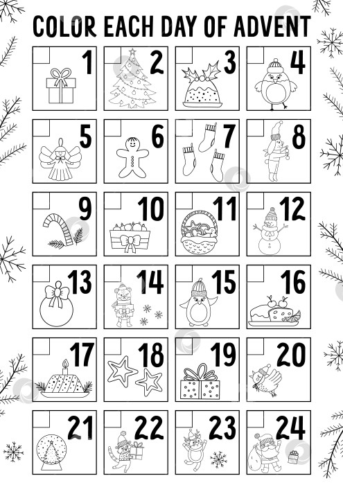 Скачать Векторный черно-белый рождественский адвент-календарь с традиционными праздничными символами. Симпатичный зимний планировщик для детей. Праздничный плакат или раскраска с изображением Деда Мороза, елки, оленя, подарка фотосток Ozero