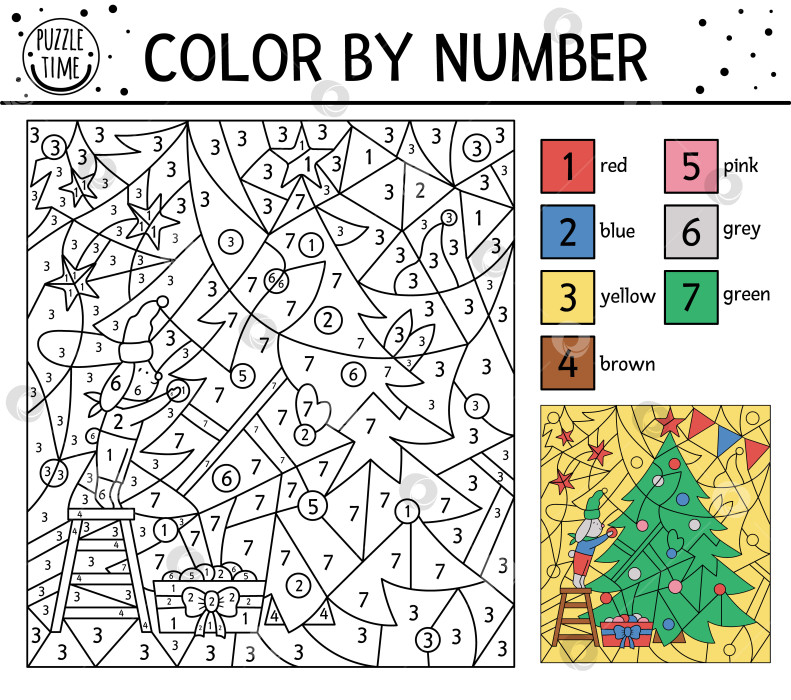 Скачать Векторная рождественская раскраска по номерам с кроликом, украшающим елку. Зимняя праздничная игра-раскраска и подсчет очков с милым животным. Забавная новогодняя раскраска для детей. фотосток Ozero