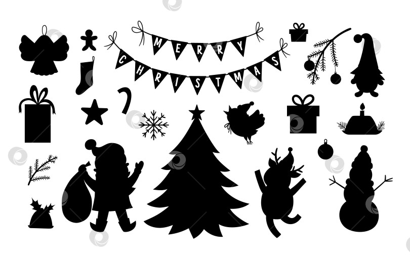 Скачать Векторный набор черно-белых рождественских силуэтов с Санта-Клаусом, оленем, елкой, подарками, изолированными на белом фоне. Милые забавные иллюстрации зимних иконок для украшения или новогоднего дизайна. фотосток Ozero