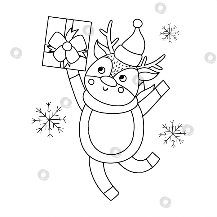 Скачать Векторный черно-белый олень в шляпе и шарфе с подарочной коробкой и снежинками. Симпатичная иллюстрация линии зимнего животного с подарком в руках. Забавный дизайн рождественской открытки. Шаблон для печати на Новый год фотосток Ozero
