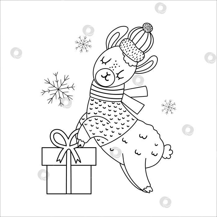 Скачать Векторная черно-белая лама в шляпе и шарфе с подарочной коробкой и снежинками. Симпатичная иллюстрация линии зимнего животного с подарком в руках. Забавный дизайн рождественской открытки. Шаблон для печати на Новый год фотосток Ozero