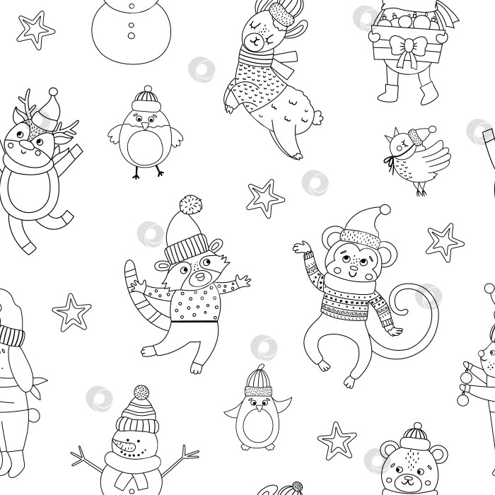 Скачать Векторный бесшовный узор с черно-белыми рождественскими персонажами. Повторяющийся фон с Санта-Клаусом, забавными животными, снеговиком. Симпатичная зимняя цифровая бумага для украшения или новогоднего дизайна. фотосток Ozero
